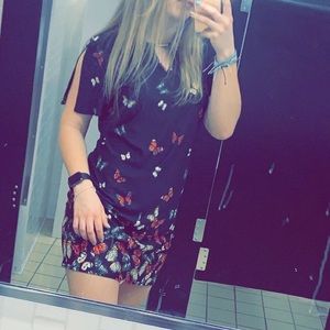 F&F black midi dress with butterflies and slit sleeves